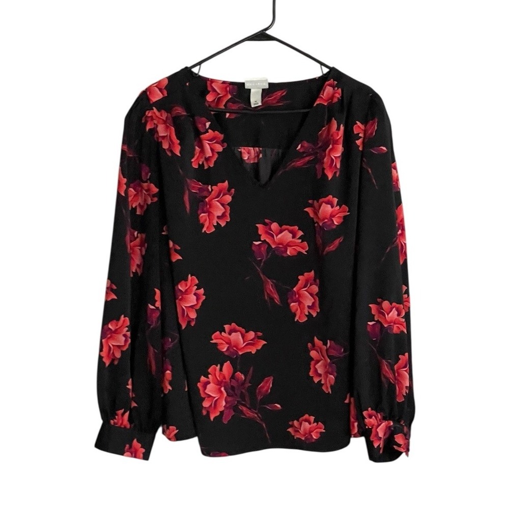 Ava & Viv Top 1X Long Sleeve Blouse Red Black Floral Print V-Neck Pullover
